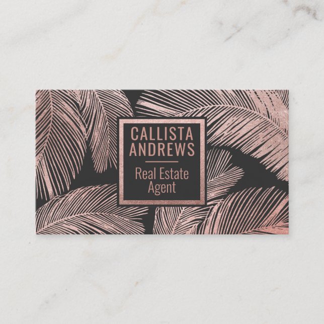 Modern Tropical Rose Gold Black Palm Tree Leaf Business Card (Front)