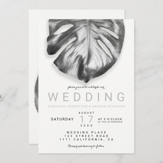 Modern tropical silver monstera leaf wedding invitation (Front/Back)