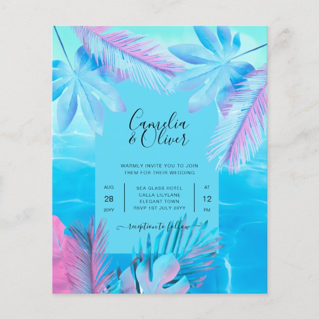 Modern Tropical Summer Aqua Blue Pink Wedding Flyer (Front)