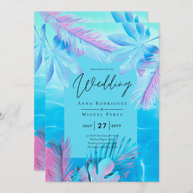 Modern Tropical Summer Aqua Blue Pink Wedding Invitation (Front/Back)