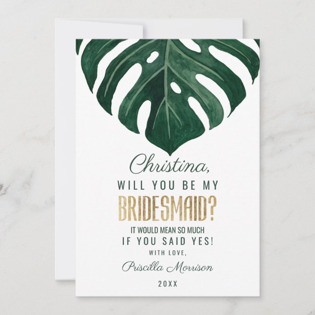 Modern Tropical Swiss Cheese Leaf Gold Bridesmaid Invitation (Front)
