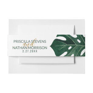Modern Tropical Swiss Cheese Leaf Gold Wedding Invitation Belly Band
