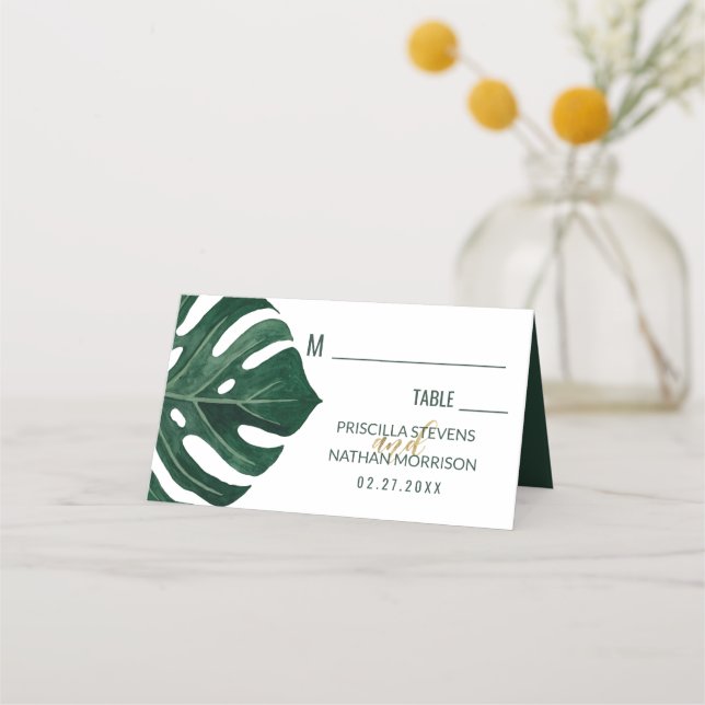 Modern Tropical Swiss Cheese Leaf Gold Wedding Place Card (Front)