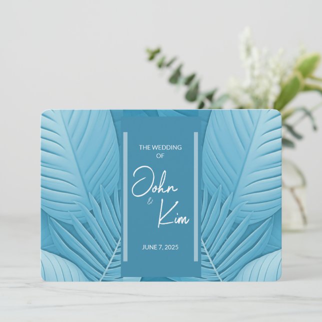 Modern Tropical Teal Horizontal Wedding Invitation (Standing Front)
