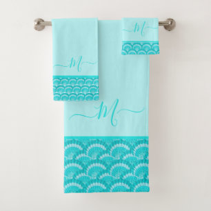 Modern Tropical Teal Turquoise Aqua Blue Seashell  Bath Towel Set