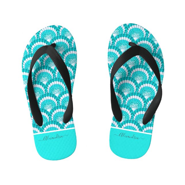 Modern Tropical Teal Turquoise Aqua Seashell Shell Kid's Jandals (Footbed)