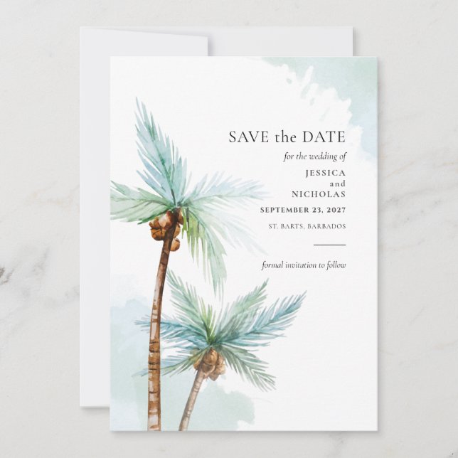 Modern Tropical Trees Watercolor Wedding Save The Date (Front)