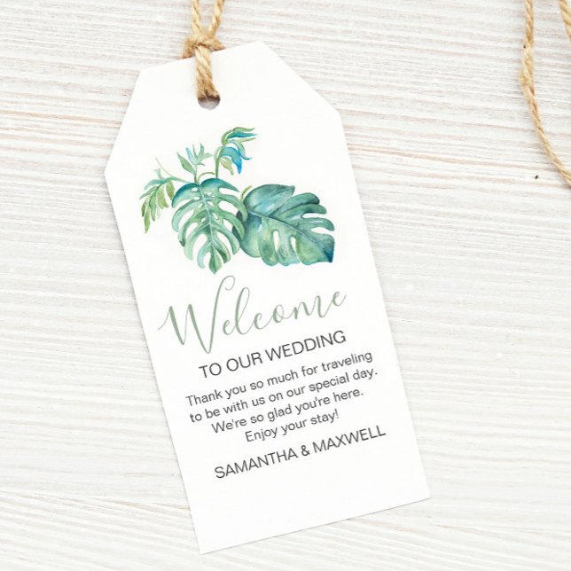 Modern Tropical Watercolor Greenery Welcome Gift Tags (Tropical destination wedding theme monstera palm leaf watercolor art by Victoria Grigaliunas)