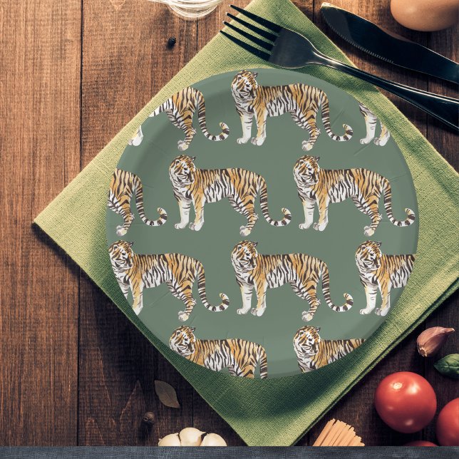 Modern Tropical Watercolor Tigers Wild Pattern Paper Plate (Creator Uploaded)