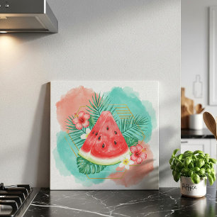 Modern Tropical Watermelon & Hibiscus Watercolor  Tile