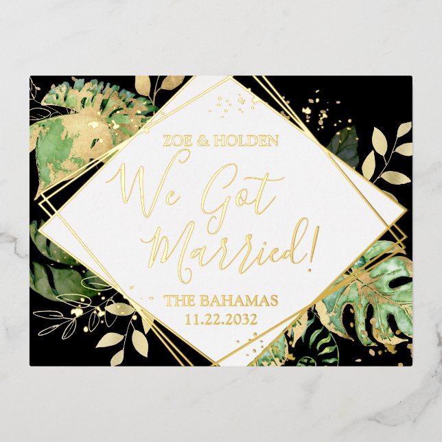 Modern Tropical We Got Married Elopement Reception Foil Invitation Postcard (Front)