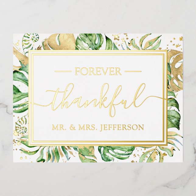 Modern Tropical Wedding Mr. & Mrs. Thank You Foil Invitation Postcard (Front)