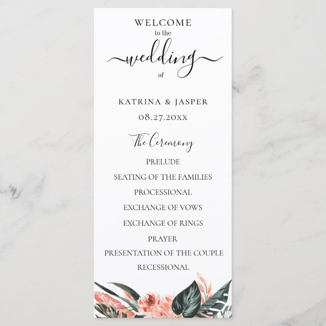 Modern Tropics Coral Floral Wedding Programme (Front)