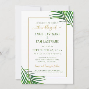 Modern Tropics Palm Leaf Green and Gold Wedding Invitation