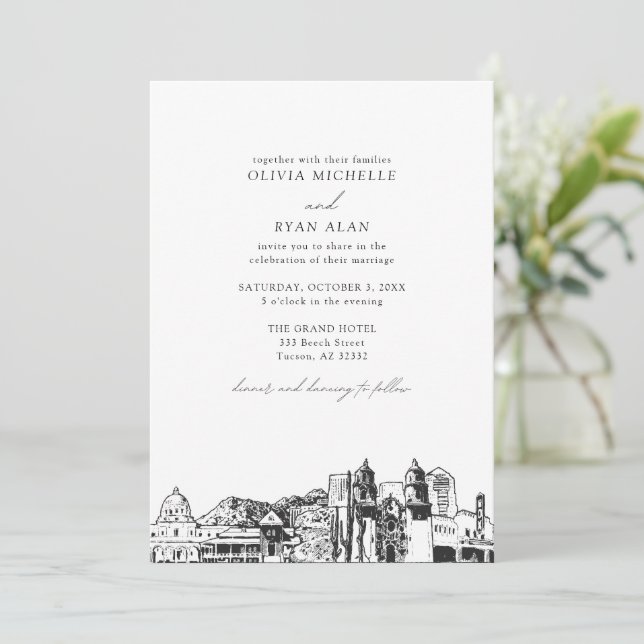 Modern Tucson Skyline Black & White Wedding Invitation (Standing Front)