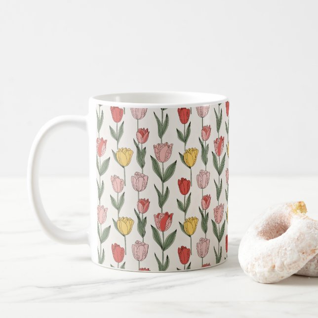 Modern Tulip Floral Pattern Soft Botanical Spring Coffee Mug (With Donut)