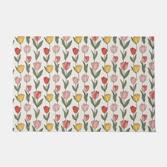 Modern Tulip Floral Pattern Soft Botanical Spring Doormat (Front)