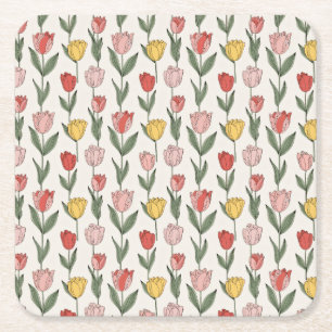 Modern Tulip Floral Pattern Soft Botanical Spring Square Paper Coaster