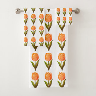 Modern Tulip Flower Pattern on White Bath Towel Set