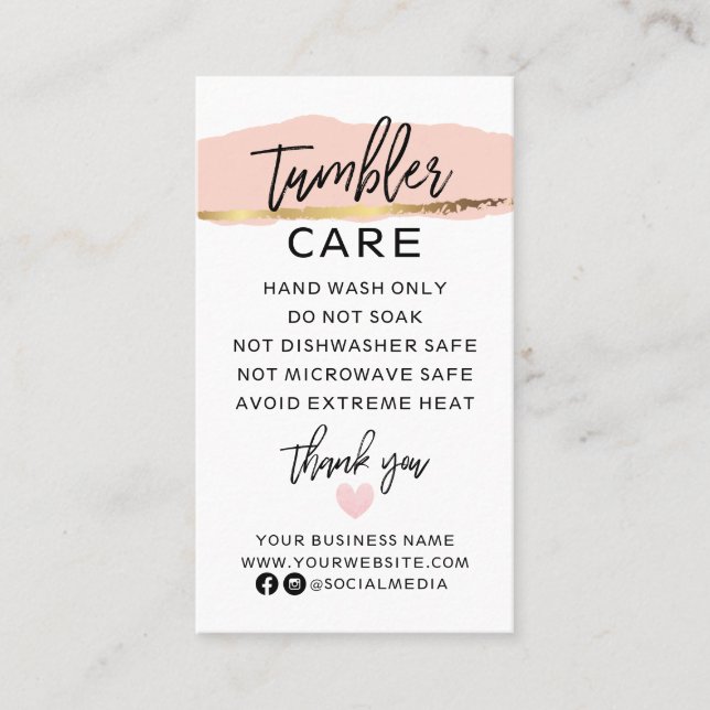 Modern Tumbler Care Instructions Business Card (Front)