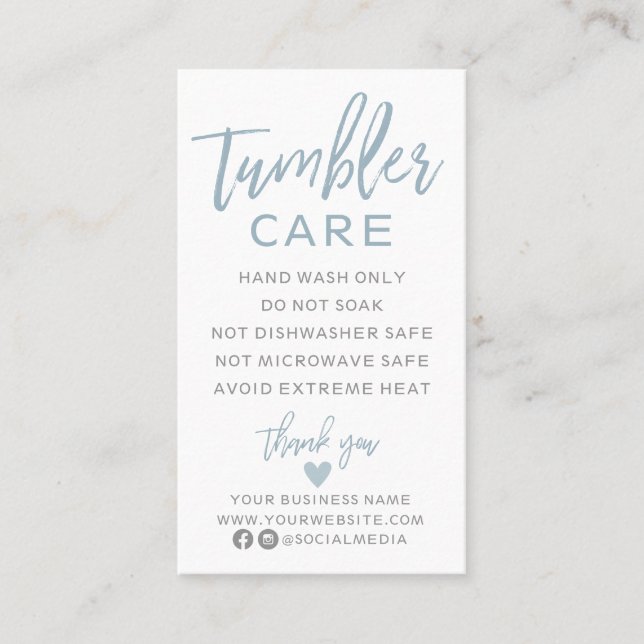 Modern Tumbler Care Instructions Business Card (Front)