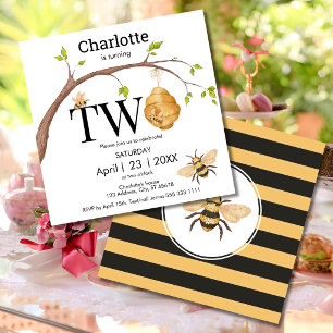 Modern Turning Two Black Yellow Beehive Birthday Invitation