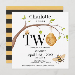 Modern Turning Two Black Yellow Beehive Birthday Invitation
