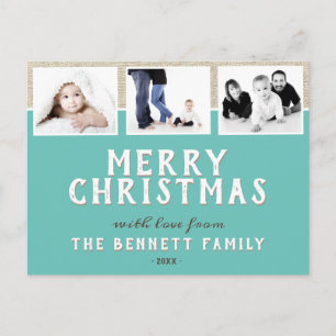 Modern Turquoise 3 Photo Collage Christmas Postcard