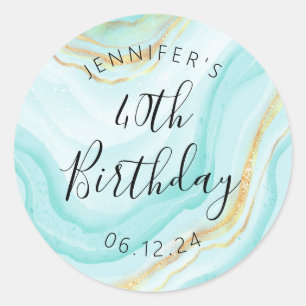 Modern Turquoise 40th Birthday Watercolor Glitter Classic Round Sticker