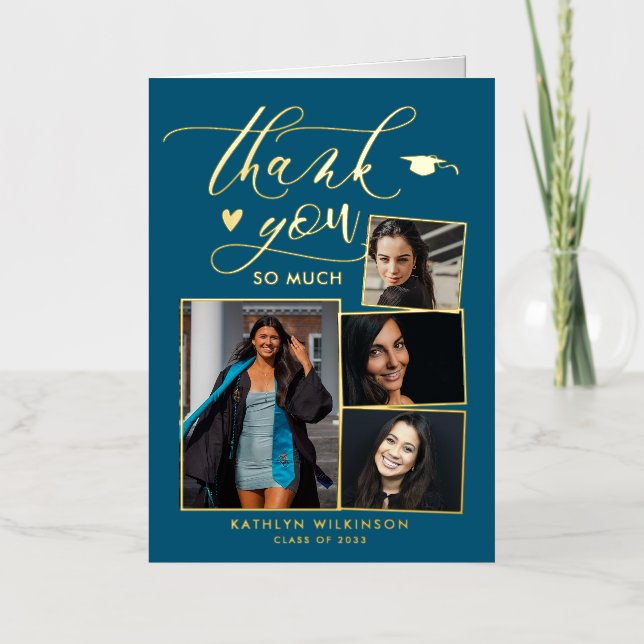Modern Turquoise 4 Photo Chic Graduation Thank You Foil Greeting Card (Front)