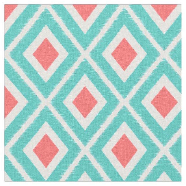 Modern Turquoise and Coral Ikat Pattern Fabric (Close Up)