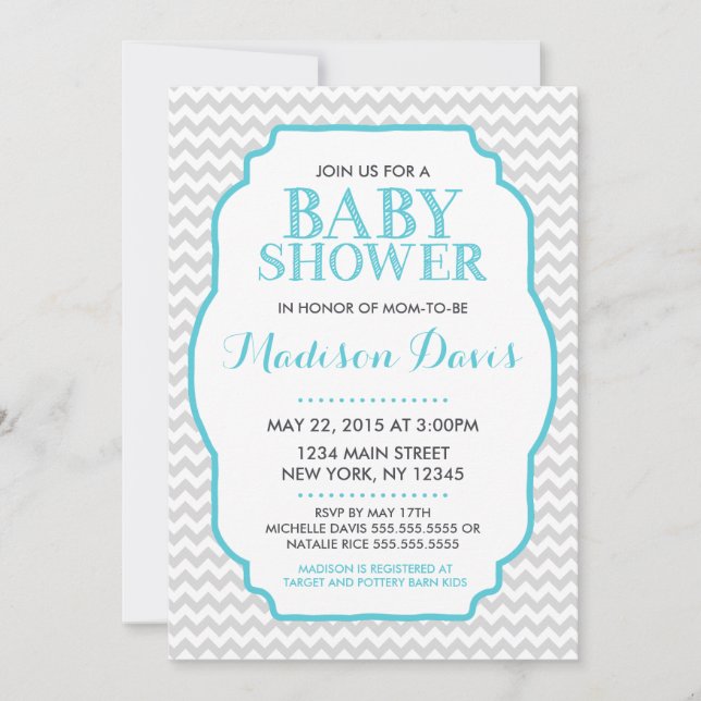 Modern Turquoise and Grey Chevron Baby Shower Invitation (Front)