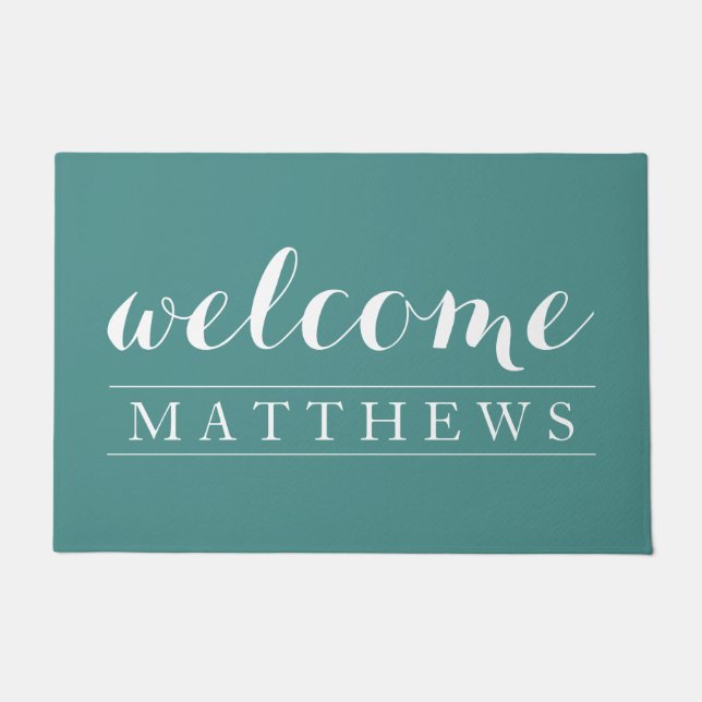 Modern turquoise and white Welcome  Doormat (Front)