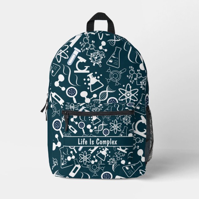 modern turquoise biochemistry life is complex  printed backpack (Front)