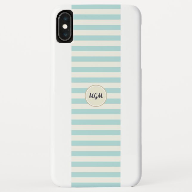 Modern Turquoise Blue and Cream Striped Monogram Case-Mate iPhone Case (Back)