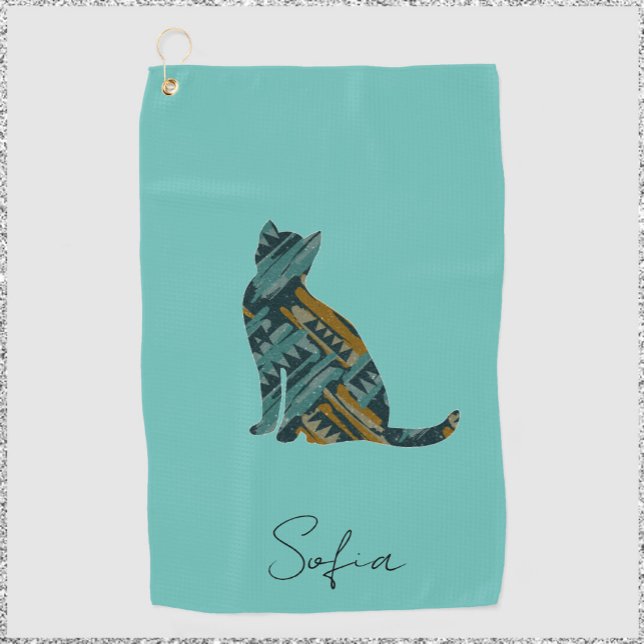 Modern Turquoise Blue and Gold Cat Golf Towel (Creator Uploaded)
