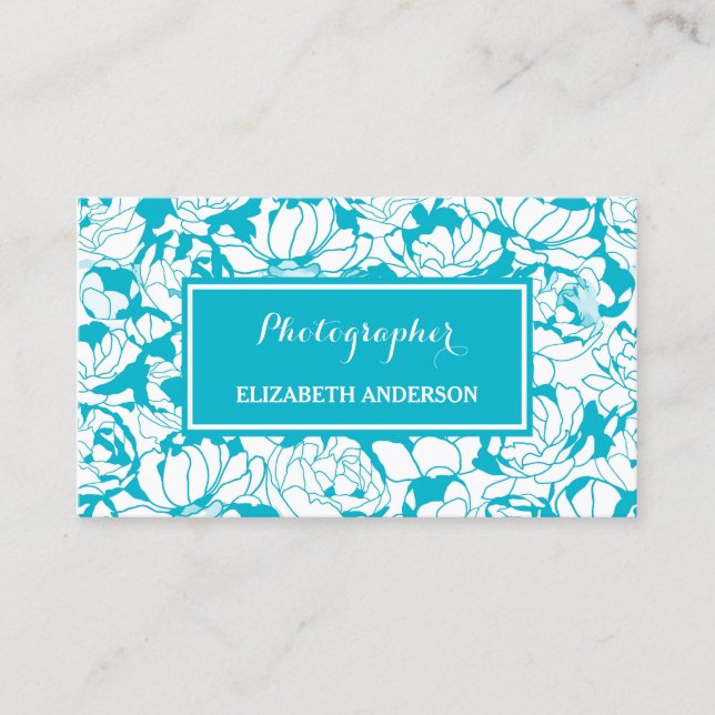 Modern Turquoise Blue Floral Girly Photographer Business Card (Front)