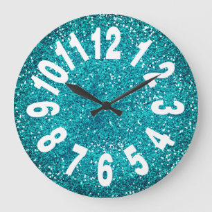 Modern Turquoise Blue Glitter Large Numbers Clock