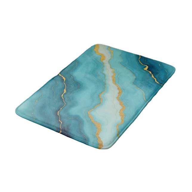 Modern Turquoise Blue Gold Marble Collection Bath Mat (Angled)