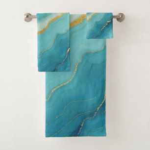 Modern Turquoise Blue Gold Marble Collection Bath Towel Set
