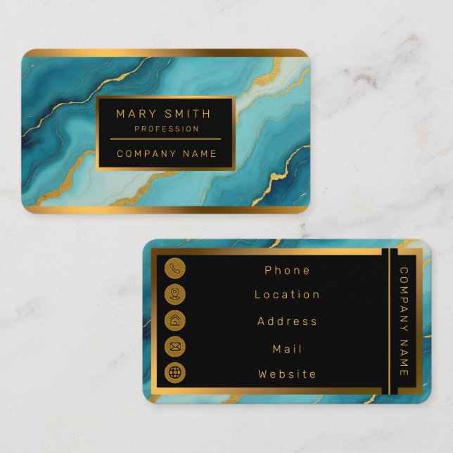 Modern Turquoise Blue Gold Marble Collection Business Card (Front/Back)