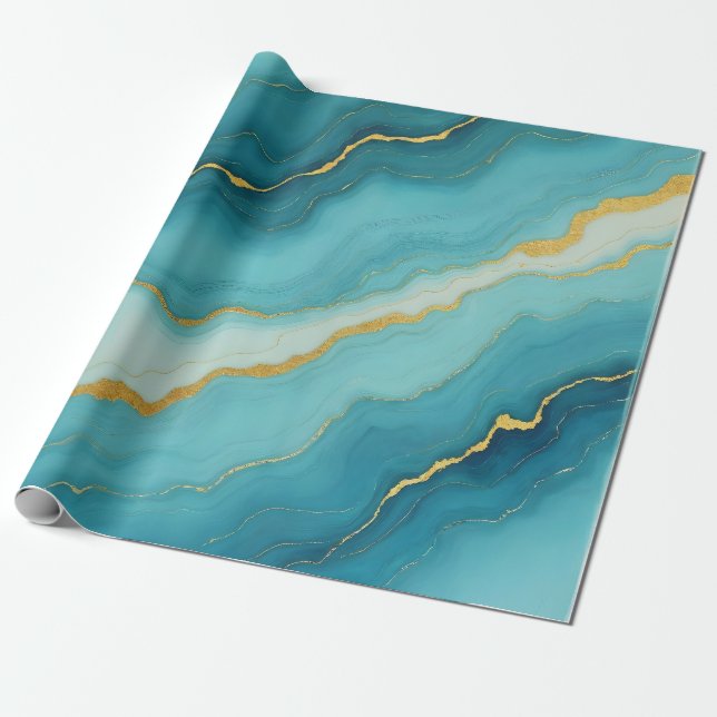 Modern Turquoise Blue Gold Marble Collection Wrapping Paper (Unrolled)