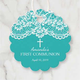 Modern Turquoise Blue Lace First Holy Communion Favour Tags