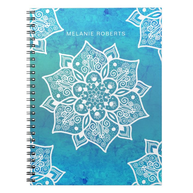 Modern turquoise blue ombre watercolor mandala notebook (Front)