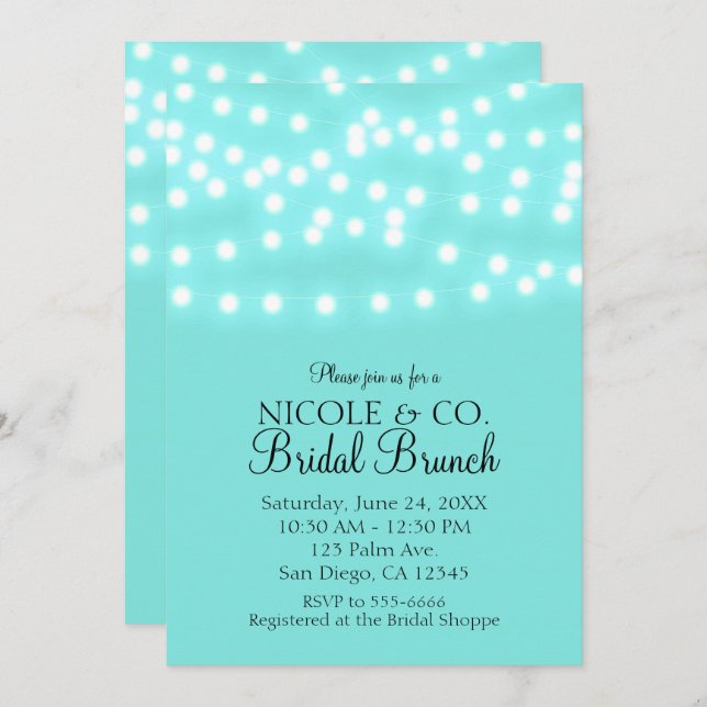Modern Turquoise Blue & String Lights Elegant Invitation (Front/Back)