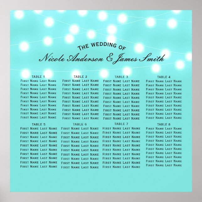 Modern Turquoise Blue & String Lights Seating Poster (Front)