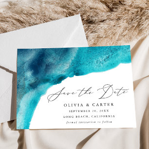 Modern Turquoise Blue Watercolor Waves Save The Date