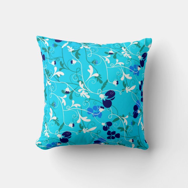 Modern Turquoise Blue & White Floral Flourish Cushion (Front)