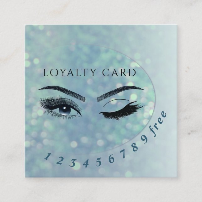 Modern turquoise bokeh eyelashes & eyebrows wink loyalty card (Front)
