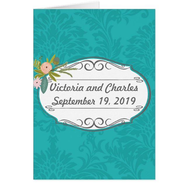 Modern Turquoise  Chartreuse Damask Wedding (Front)